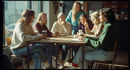 A group of young adults socializing and enjoying coffee together indoorsの素材