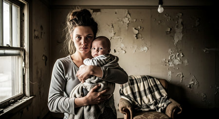 A young mother holding her baby in a dimly lit room with peeling wallsの素材