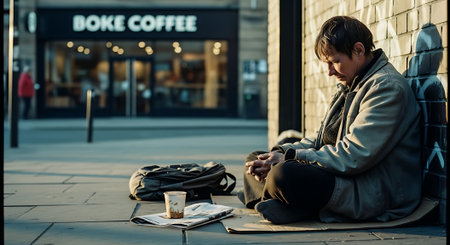 A man sits on the sidewalk with a coffee cup and backpackの素材