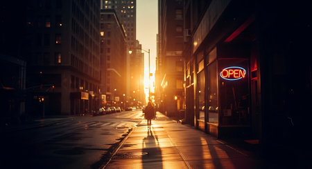 A lone person walks down a city street at sunset with an open storeの素材