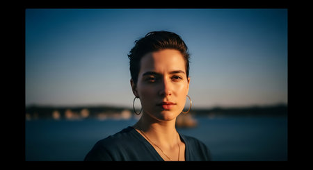 A young woman with short hair standing by the serene ocean at duskの素材