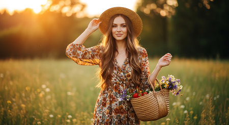 A young woman in a floral dress and straw hat holding a wicker basket of flowers in a field at sunsetの素材