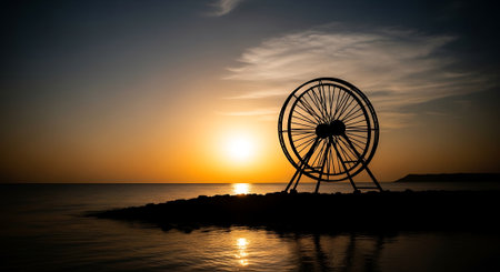 A serene Ferris wheel stands on a rocky beach at sunsetの素材