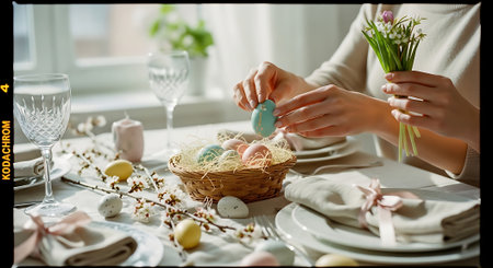 A person decorating an Easter egg at a beautifully set table with flowersの素材