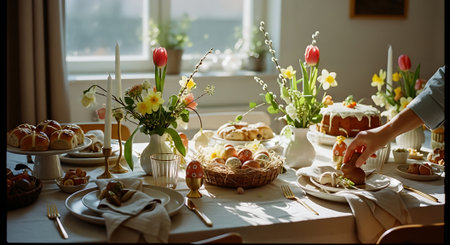 A beautifully set table with Easter treats and flowers in a bright roomの素材