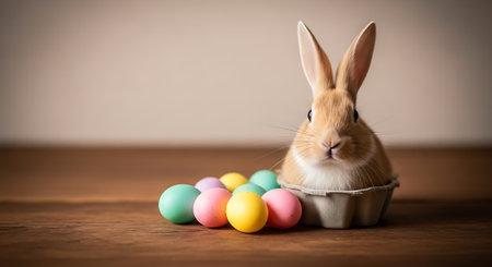A cute Easter bunny sitting in a carton with colorful eggs nearbyの素材