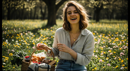 A young woman enjoying a picnic in a beautiful field of flowersの素材