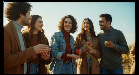 A group of friends enjoying apples together outdoors on a sunny dayの素材