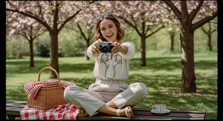 A young woman taking a photo of her picnic in a park with blooming treesの素材