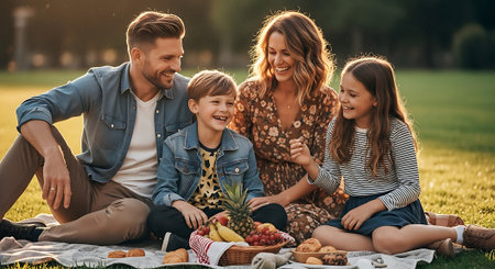 A happy family enjoying a picnic together in a park on a sunny dayの素材
