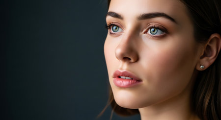 A beautiful young woman with blue eyes and brown hair looks away thoughtfullyの素材