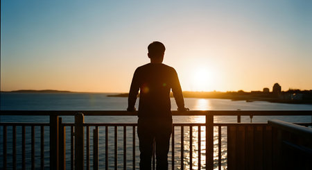 A man stands on a pier watching the sunset over the oceanの素材