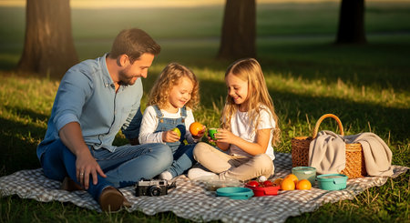 A happy family enjoying a picnic together in a park at sunsetの素材