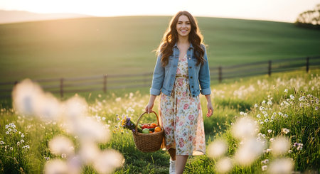 A young woman holding a basket of flowers in a green fieldの素材