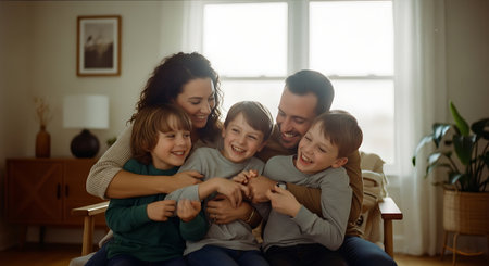 A happy family of five sitting together on the couch in a bright living roomの素材
