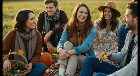 A group of friends enjoying a picnic in a green field during autumnの素材