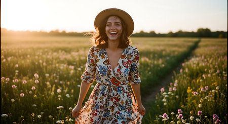 A young woman in a floral dress and hat smiling in a field of flowers at sunsetの素材