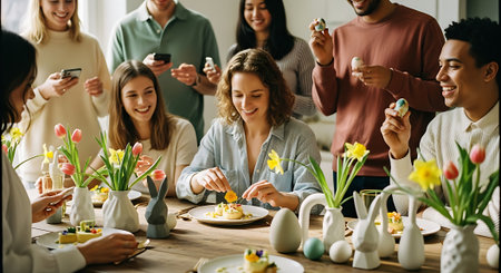 A group of friends and family decorating Easter eggs together at a tableの素材