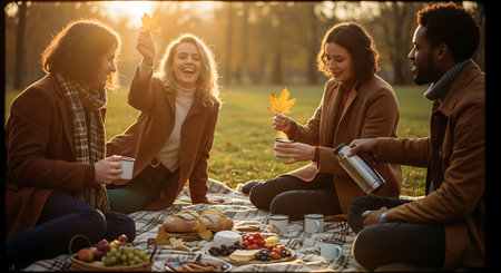 Four friends enjoying a picnic in a park at sunset togetherの素材