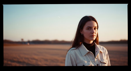 A young woman stands alone in a vast open field at sunsetの素材