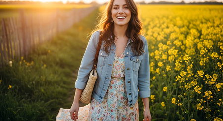 A young woman smiling and walking through a field of yellow flowers at sunsetの素材