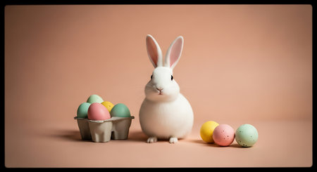 A white rabbit sitting next to a carton of colorful Easter eggsの素材