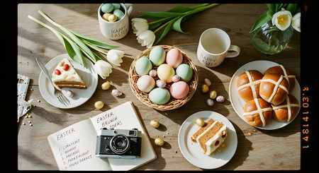 A beautifully set Easter table with pastel colored eggs and foodの素材