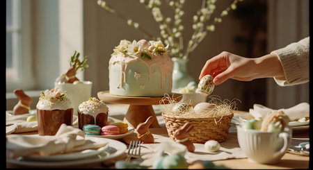A person decorating an Easter cake with eggs and flowers on a tableの素材