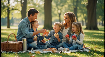 A happy family enjoying a picnic together in a park on a sunny dayの素材