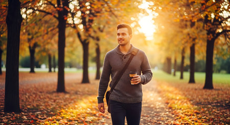 A man walks through an autumnal park with a cup of coffee in handの素材