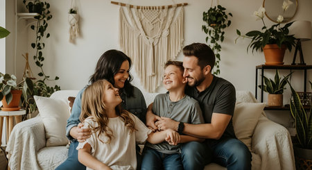 A happy family of four sitting together on a couch in their living roomの素材
