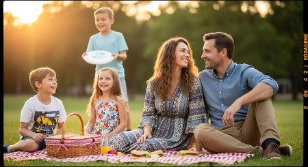 A happy family enjoying a picnic together in a park at sunsetの素材