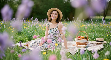 A young woman enjoying a serene picnic in a vibrant flower fieldの素材