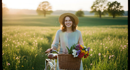 A young woman riding a bicycle through a beautiful green field with flowersの素材