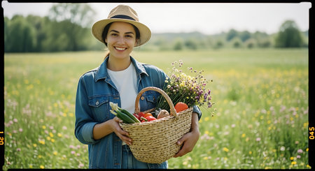 A smiling woman holding a wicker basket of fresh vegetables and flowers in a fieldの素材
