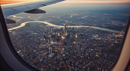 Aerial view of a cityscape at sunset through an airplane windowの素材
