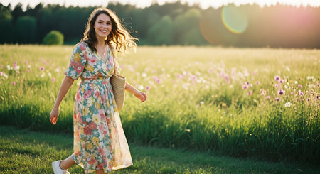 A smiling woman in a floral dress walking through a sunny meadowの素材