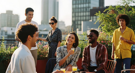 A group of friends enjoying drinks and conversation on a rooftop patioの素材