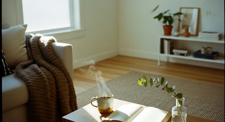 A cozy living room with a steaming cup of tea on a coffee tableの素材