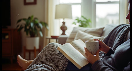 A person relaxing at home with a book and a cup of coffeeの素材