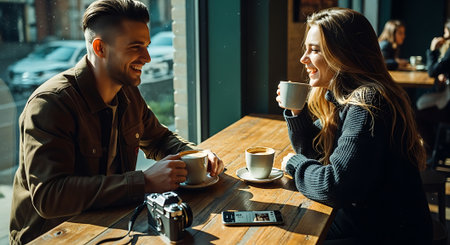 A young couple enjoying coffee together at a cozy cafe table by the windowの素材