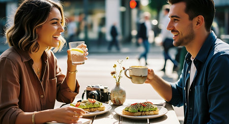 A young couple enjoying a meal and drinks at an outdoor cafeの素材