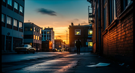 A person walking down a city street at sunset with buildings and carsの素材