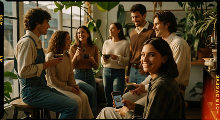 A group of young adults socializing and enjoying coffee together in a modern cafeの素材