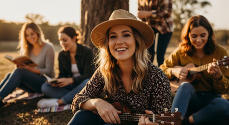 A group of young women enjoying a musical gathering in a parkの素材