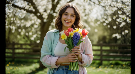 A smiling woman holding a vibrant bouquet of colorful flowers outdoorsの素材