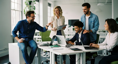 A group of diverse colleagues collaborating and discussing work in a modern officeの素材