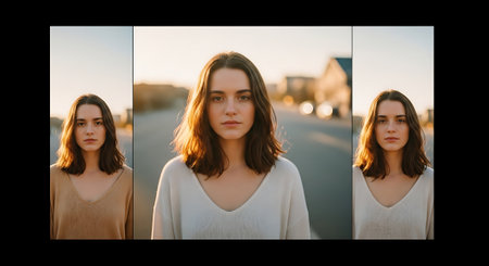 A young woman standing outdoors with a serene expression on her faceの素材