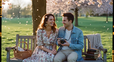 A young couple enjoying a romantic picnic in a park on a sunny dayの素材