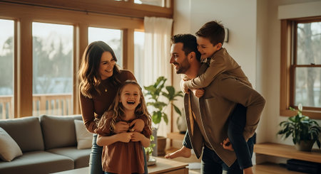 A happy family of four enjoying quality time together in their living roomの素材